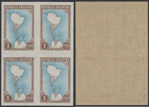 ARGENTINA 1951 MAP & ANTARTIC Sc 594 GJ 880P IMPERF BLOCK OF FOUR MNH CV$200+ 