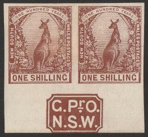 NEW SOUTH WALES 1899 Kangaroo 1/- IMPERF pair with 'GPO NSW' monogram.