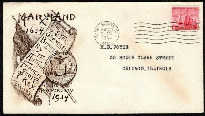 #736 3c Maryland Tercentenary FDC Grimsland cachet Mar 23,1934 