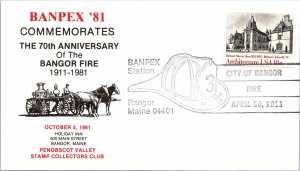 CITY OF BANGOR MAINE FIRE OF 1911 PICTORIAL POSTMARK COVER BANPEX  (1981) TYPE 2