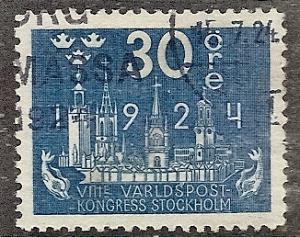 SWEDEN  202 USED 1924 30o dp blue UPU CONGRESS CV $21.