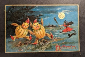 1909 Pumpkins Running from Witch Illustrated Halloween Postcard Cover Natick MA