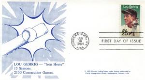 1989 Lou Gehrig Baseball (Scott 2417) Reed Consec Games FDC