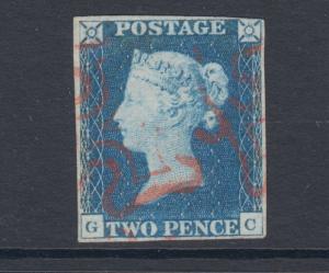 Great Britain SG 5, Sc 2, used. 1840 2p blue QV Plate 1, nearly 4 margins, sound