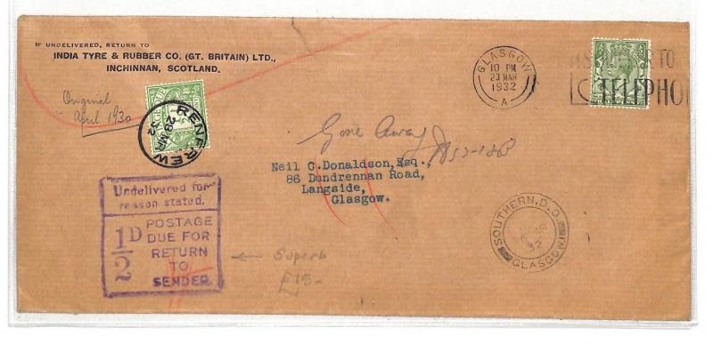 AO5 1932 GB Scotland *RENFREW* Postage Due RETOUR {samwells-covers}PTS