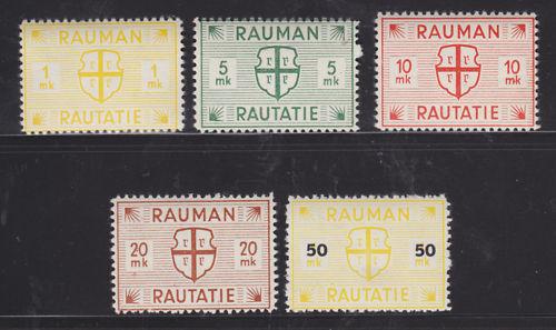 Finland HS 20/25 MLH. 1945 Rauman Railway Stamps, 5 different,  F-VF.