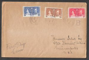 ANTIGUA 1937 KGVI CORONATION Set on SELFRIDGES Envelope FDC Sc 81-83