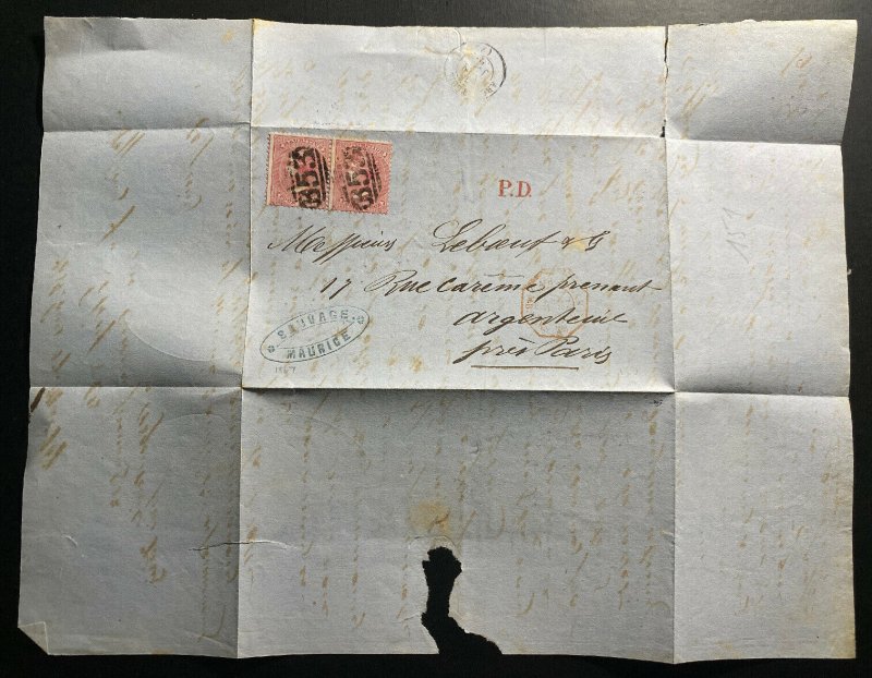 1867 Mauritius Vintage Letter Sheet Cover To Argenteuil France B53 Cancel