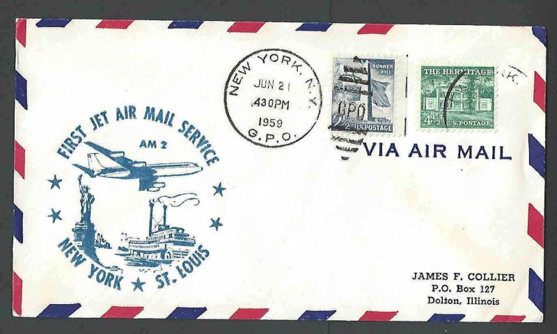 1959 COVER LIBERTY SERIES #1034 2.5c + #1037 4.5c = 7c PAYS AIRMAIL RATE 1st FLT