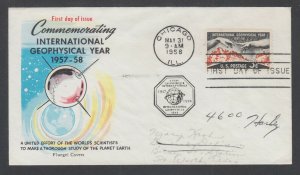 US Planty 1107-11 FDC. 1958 3c I.G.Y., Fluegel cachet, addressed & forwarded