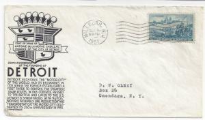 1951 250th Anniversary Founding of Detroit MI Stephen Anderson Cachet Sc 1000