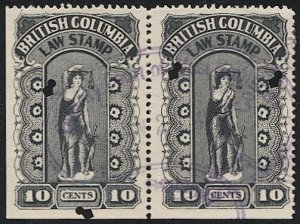CANADA British Columbia 1912 10c ERROR Used Pair Law Stamp Revenue, VD BCL22