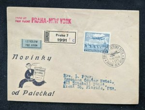 1940 Prague Czechoslovakia Registered Airmail First Flight Cover to Miami FL