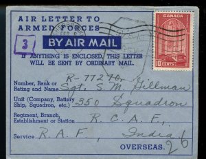 ?Scarce 1943 Air letter Armed Forces censored to INDIA rec'r b/s Canada cover