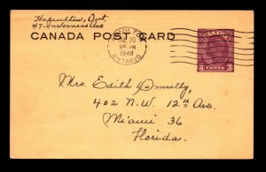 Canada 1948 Hamilton Ont. Postal Card Used to Florida - L11490