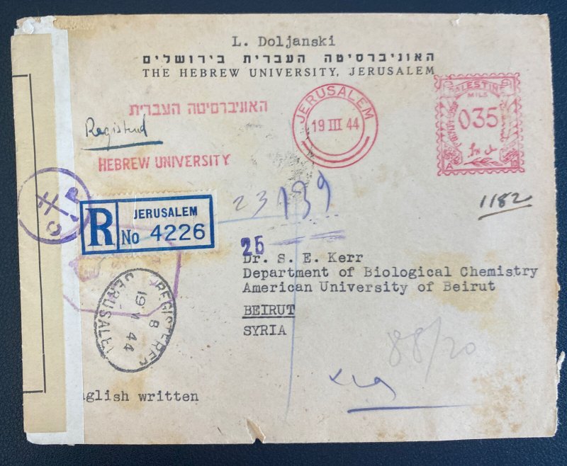 1944 Jerusalem Palestine Meter Cancel Censored Cover To Beirut Lebanon