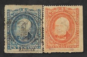 SE)1882 MEXICO, 2 FISCAL STAMPS WITH DIFFERENT DISTRICT 1C ZAMORA AND 3C L