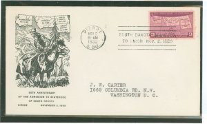 US 858 1939 3c Admission of four states to the Union/50th anniversary single-on an addressed first day cover with a Pierre, SD c