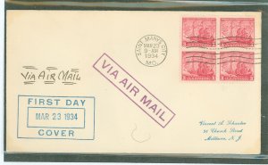 US 736 1934 3c Founding of Maryland/300th anniversary block of four on an addressed first day cover with a generic cachet.