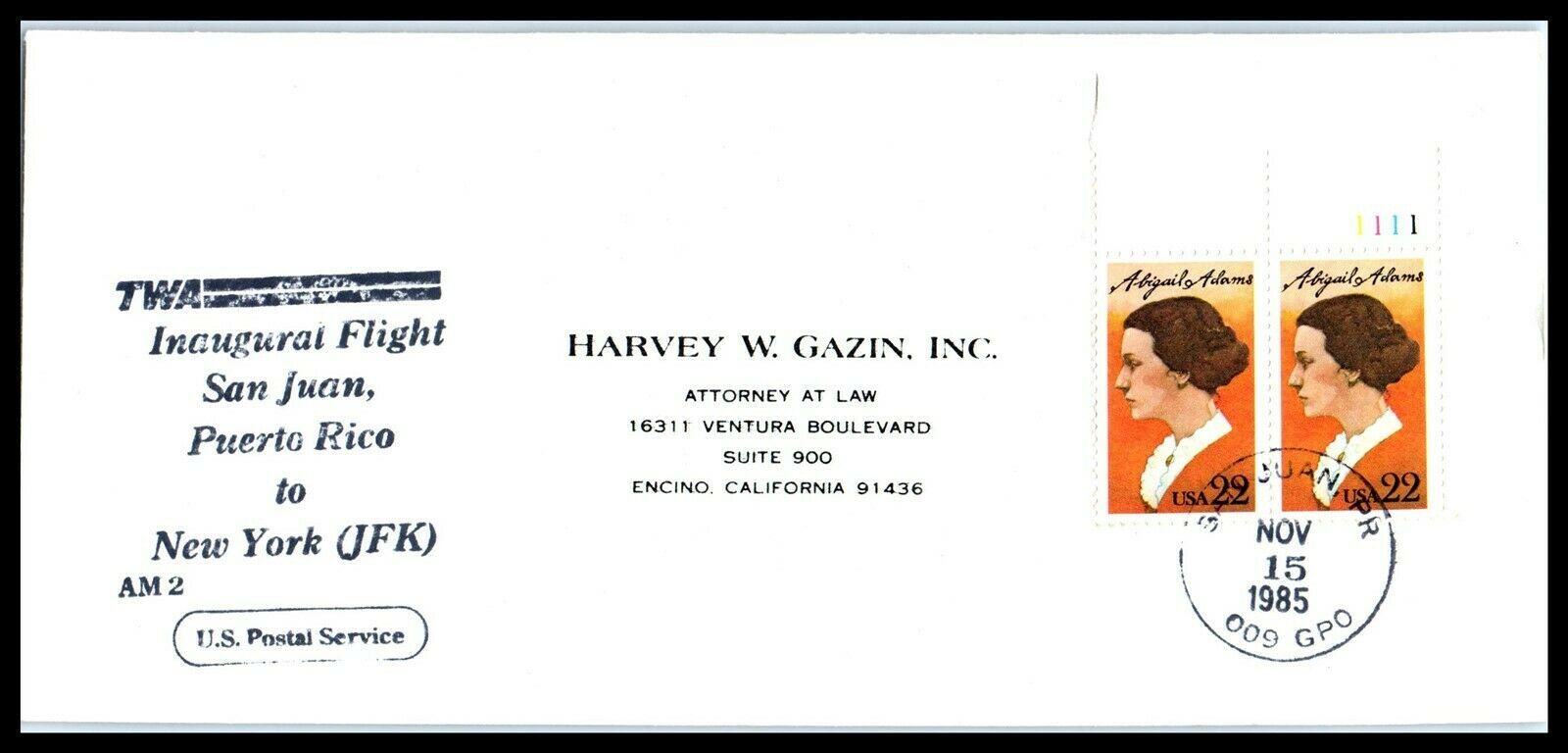 1985 US First Flight CoverTWA, San Juan, Puerto Rico to JFK New York