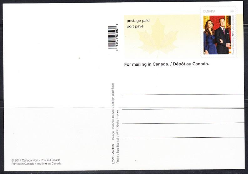 CANADA # UX444 postal card Prince William  Kate Middleton