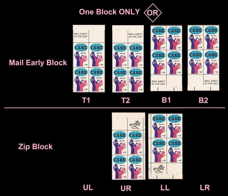 US 1439 CARE 8c mail early zip block MNH 1971