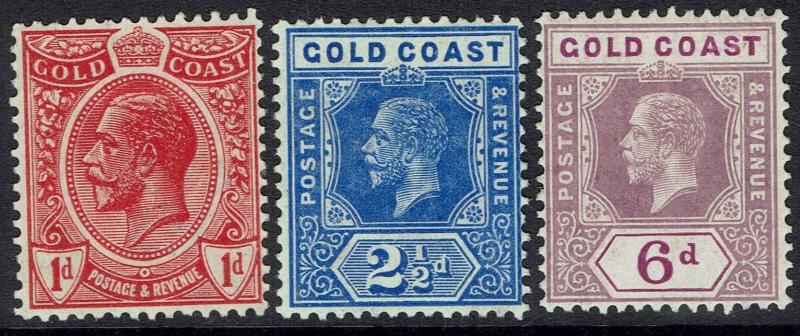 GOLD COAST 1913 KGV 1D 21/2D AND 6D WMK MULTI CROWN CA