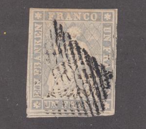 Switzerland Sc 30 used 1855 1fr Helvetia w/ black Silk Thread Intact, imperf