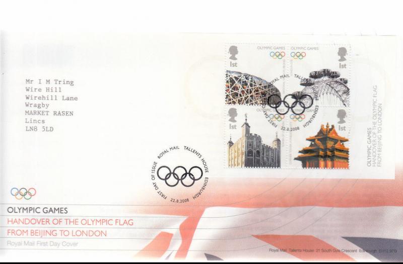 2008 OLYMPIC HANDOVER MINI SHEET FIRST DAY COVER 