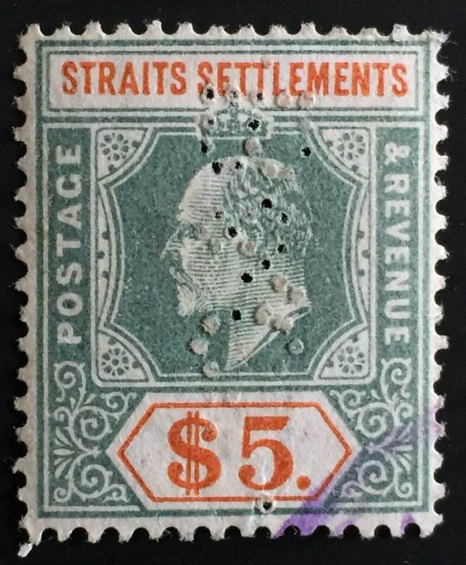 Malaya Straits Settlements 1902 KE VII Crown CA $5 PERFIN SG#121 M2510A