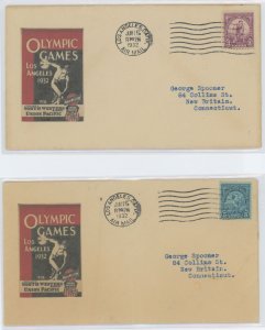 US 718-719 (1932) Los Angeles Summer Olympics set of two first day covers(addressed-typed) with matching cachets by an unknown p