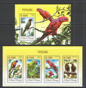 M1408 2014 Sao Tome & Principe Parrots Birds Fauna Kb+Bl Mnh Stamps