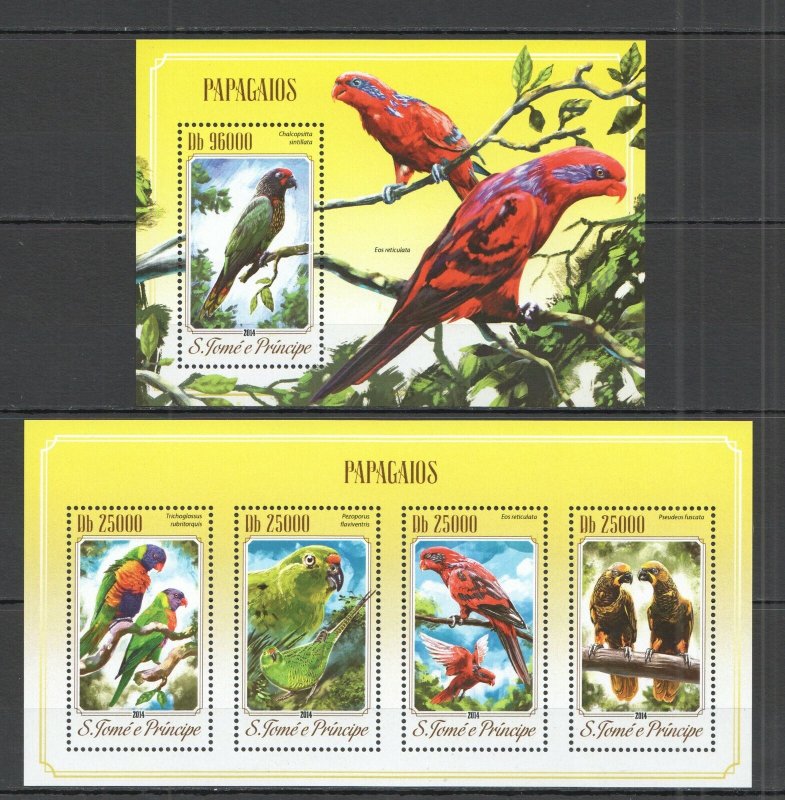 M1408 2014 Sao Tome & Principe Parrots Birds Fauna Kb+Bl Mnh Stamps