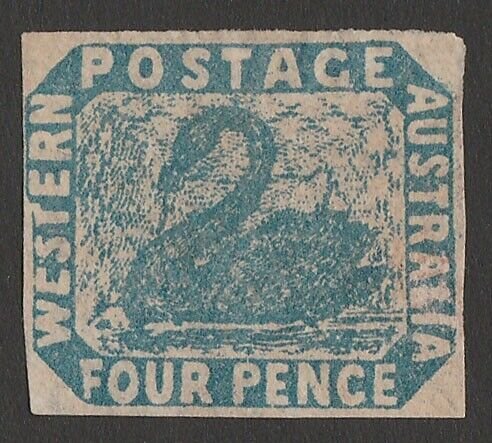 WESTERN AUSTRALIA 1854 Swan 4d imperf squeezed-down letters & F pointed foot.