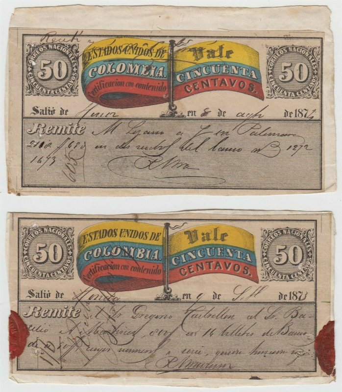 COLOMBIA 1870 INSURED LETTER STAMPS Sc G4-G5 SEVEN CUBIERTAS ON PIECES SCV$185++ 