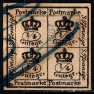 1857 German States Brunswick Scott #- 12a Block of Four ¼ Stamps (Forgery)