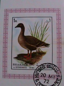 SHARJAH STAMPS: 1972 BEAUTIFUL COLORFUL BIRD CTO STAMP S/S WITH FIRST DAY CANCEL