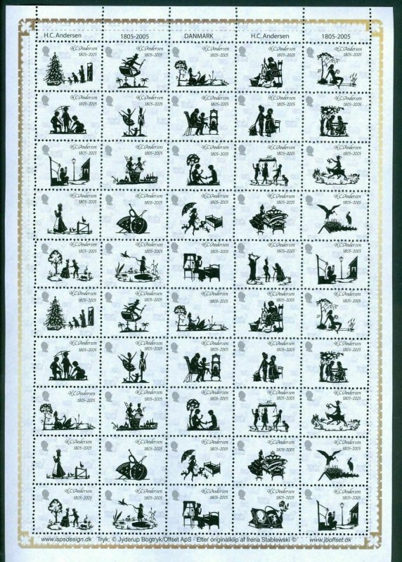 Denmark. Poster Stamp Sheet. H C Andersen Fairytales 1805-2005. Unfolded.