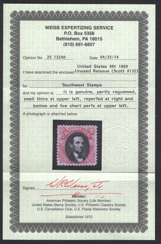 SCOTT #132 VF Unused Partly regummed. w/Weiss Cert. SCV $1,750 (LB 3/3)