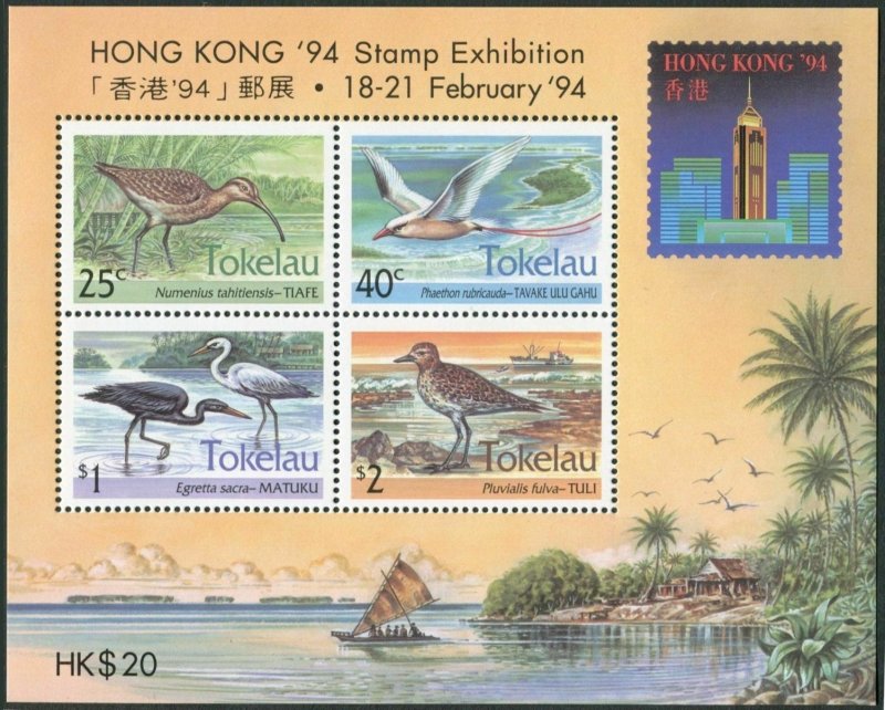 Tokelau 190-193, 193a sheet, MNH. Mi 196-199,Bl.2. Birds. HONG KONG-1994.