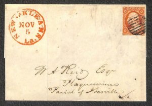 USA #10 STAMP NEW ORLEANS TO PLAQUEMINE LOUISIANA LETTER FOLDED COVER 1851