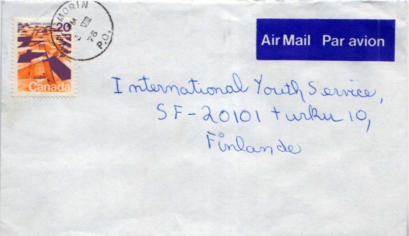 Canada 20c Prairies Landscapes 1976 Val Morin, P.Q. Airmail to Turku, Finland.