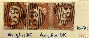 GB QV PENNY RED IMPERF PLATE 52 ‘DJ-DL’ STRIP OF 03, HORIZ G.LINE ‘DJ’ & VER DJ 