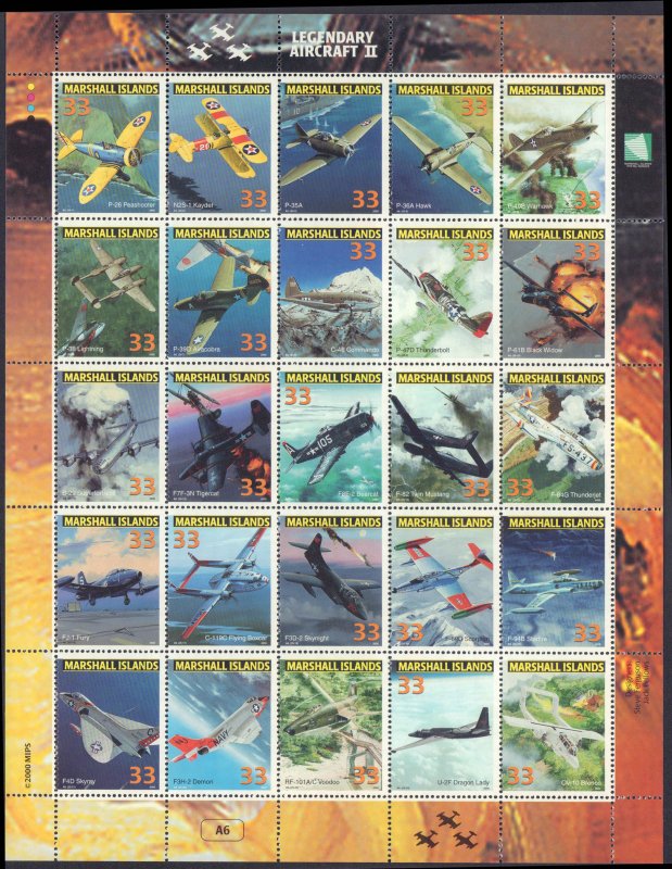 Marshall Islands #728, Complete Set, Sht of 25, 2000, Aviation - Airplanes, NH