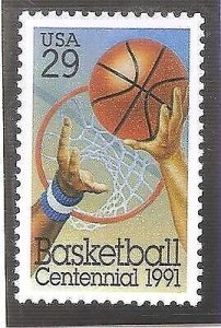 1991 Basketball Centennial Single 29c Postage Stamp, Sc#2560, MNH, OG
