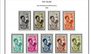 COLOR PRINTED RIO MUNI 1960-1968 STAMP ALBUM PAGES (8 illustrated pages)