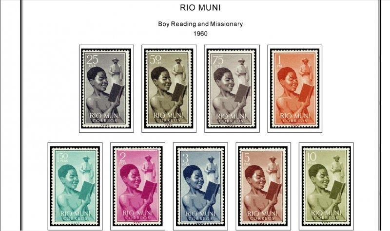 COLOR PRINTED RIO MUNI 1960-1968 STAMP ALBUM PAGES (8 illustrated pages)