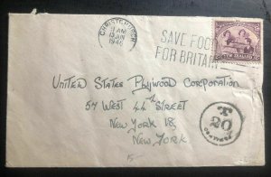 1946 Christchurch New Zeland Postage Due Commercial Cover to New York Usa