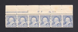 Scott #219 1c Blue Top Plate #242 Strip of 6 - Mint OG NEVER HINGED