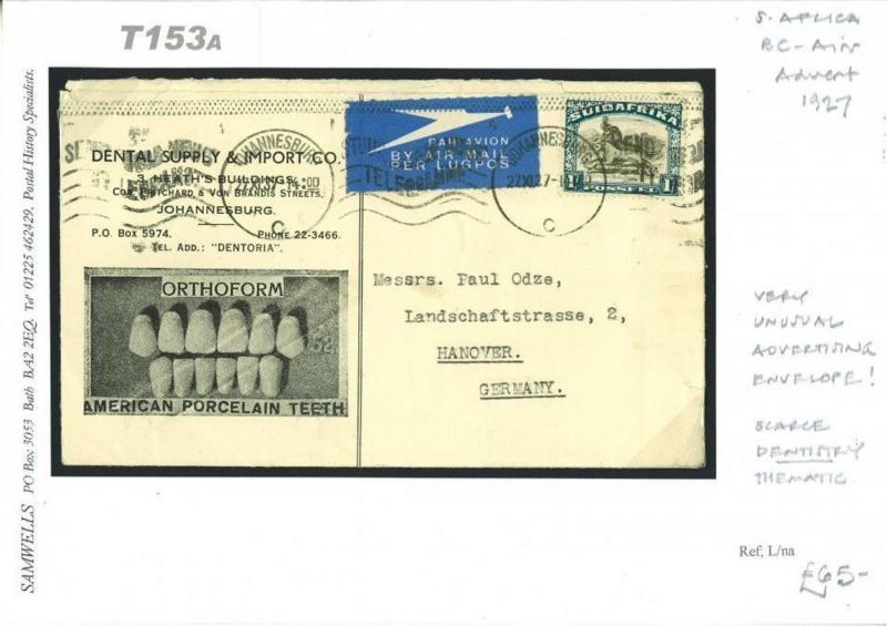 T153a 1927 South Africa DENTISTRY ADVERT Cover *Porcelain Teeth*Vignette Germany